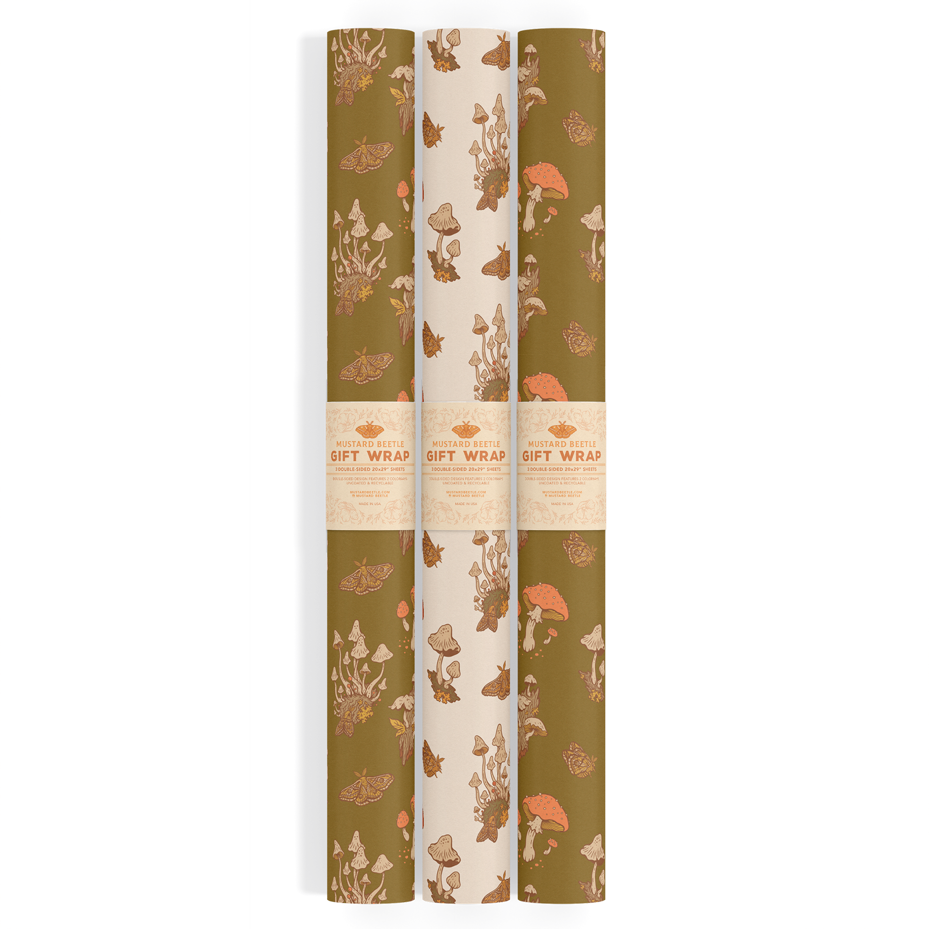 Recyclable Gift Wrap – Mushrooms Set of 3 Double-Sided Sheets