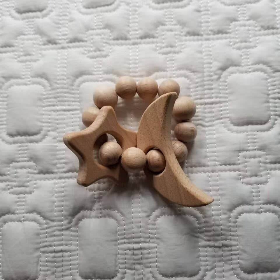 Wood Star And Moon Teething Ring Rattle