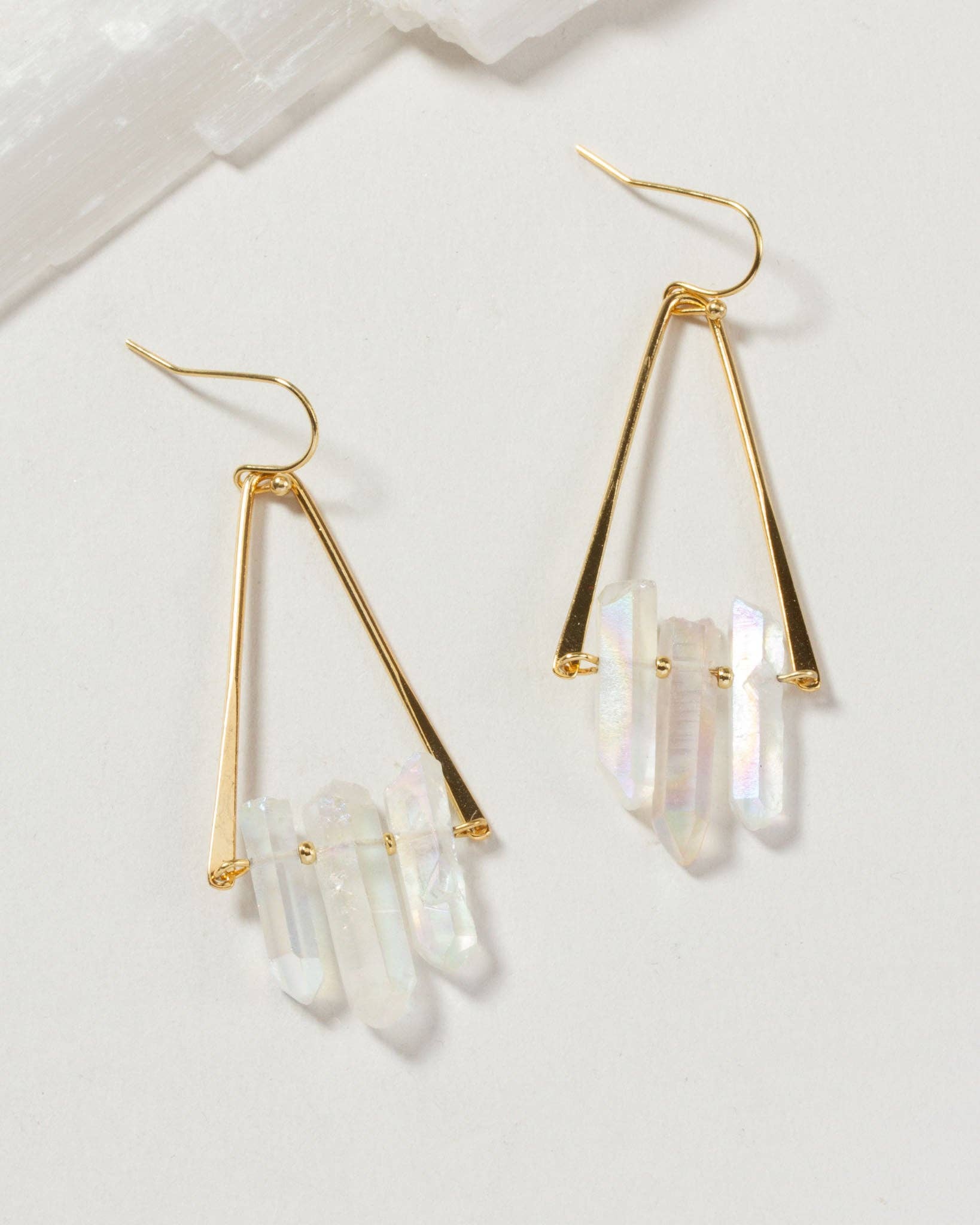Tri Crystal Fish Hook Earrings | Clear Quartz