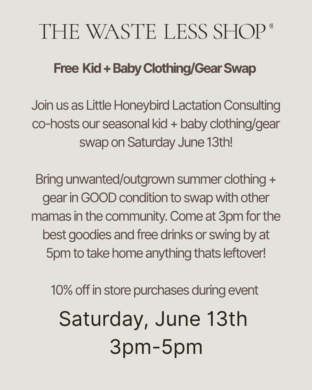 Second Saturday Sip + Swap- Summer Kid + Baby Clothing/Gear with Little Honeybird