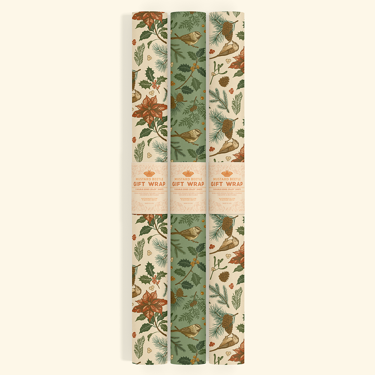 Recyclable Gift Wrap – Yuletide Chickadee White Green Set of 3 Double-Sided Sheets