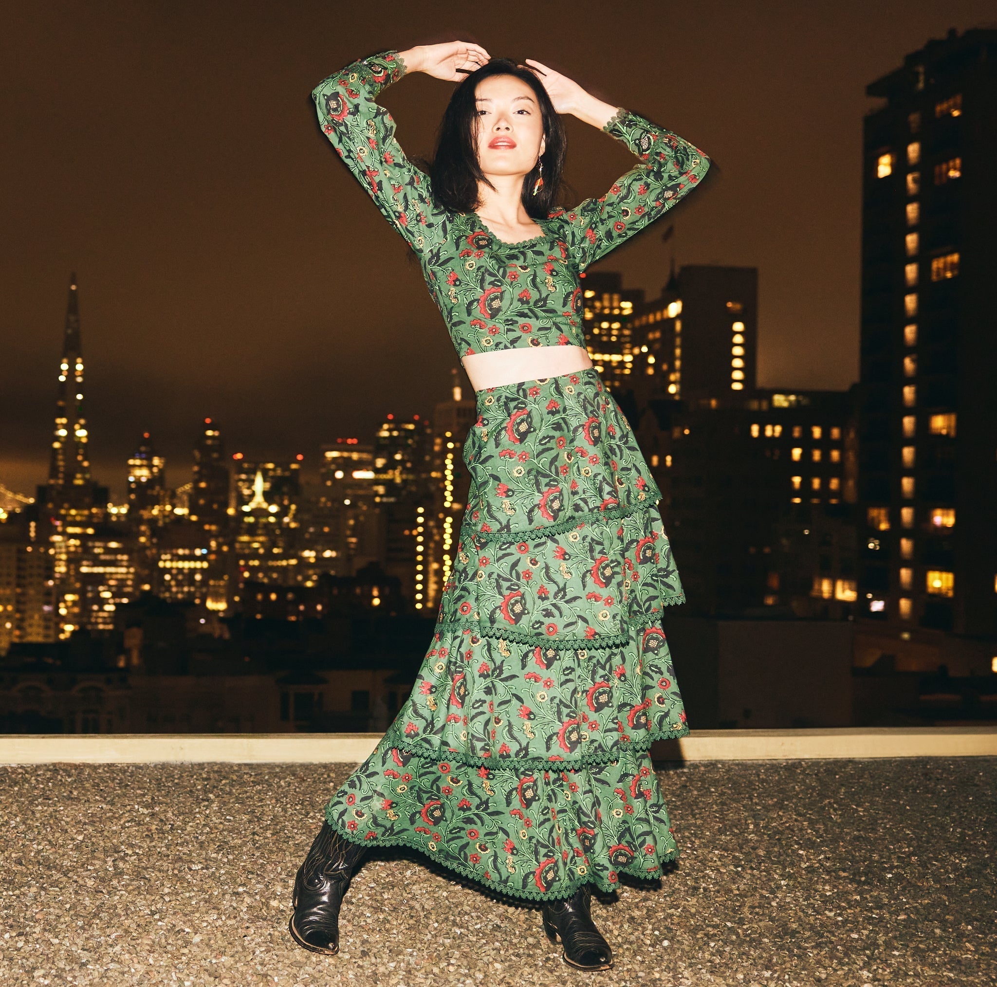 Victoria Embroidered Top - Forest/Copper & Crimson Floral print