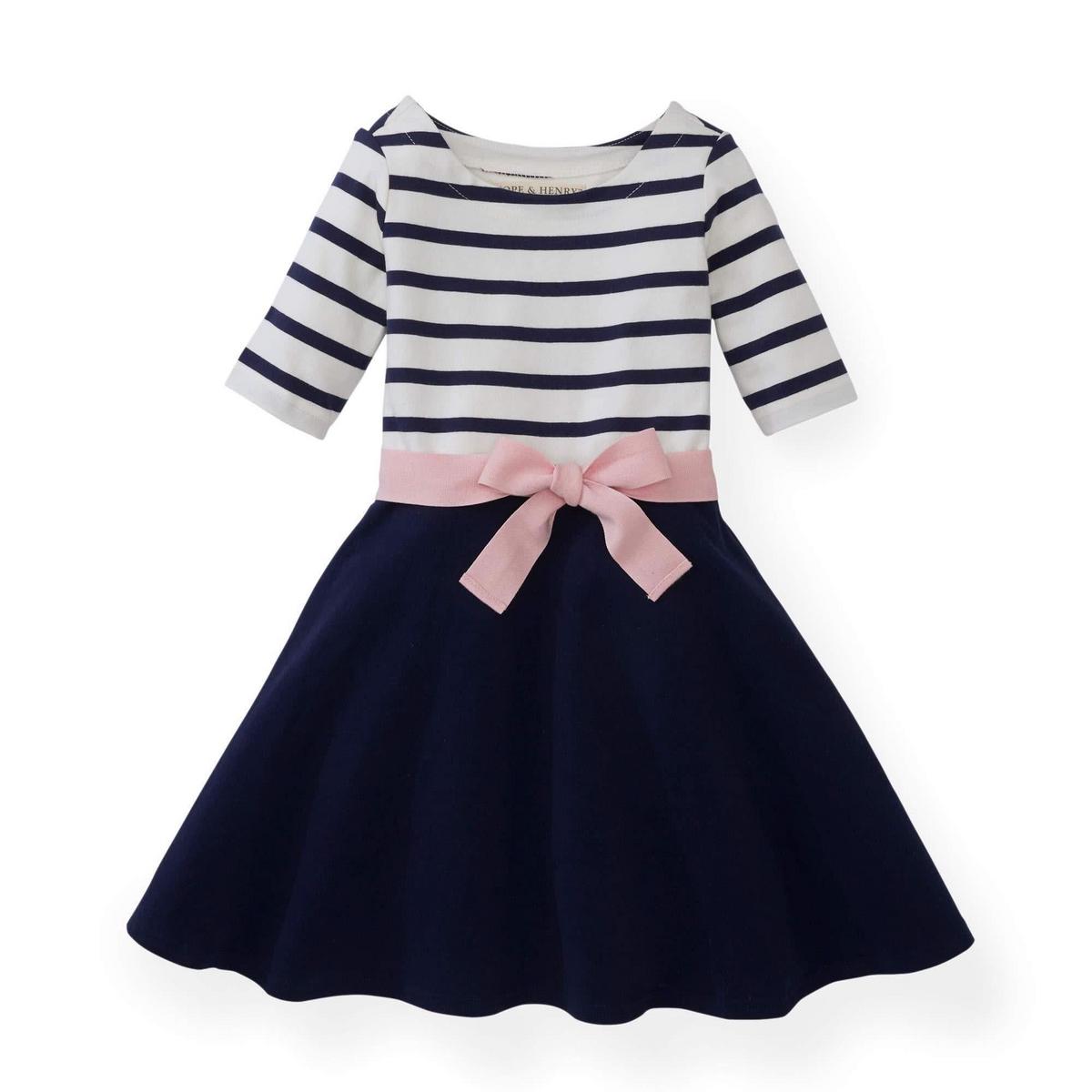Lightweight Blocked Organic Skater Dress - Navy with Light Pink Ribbon