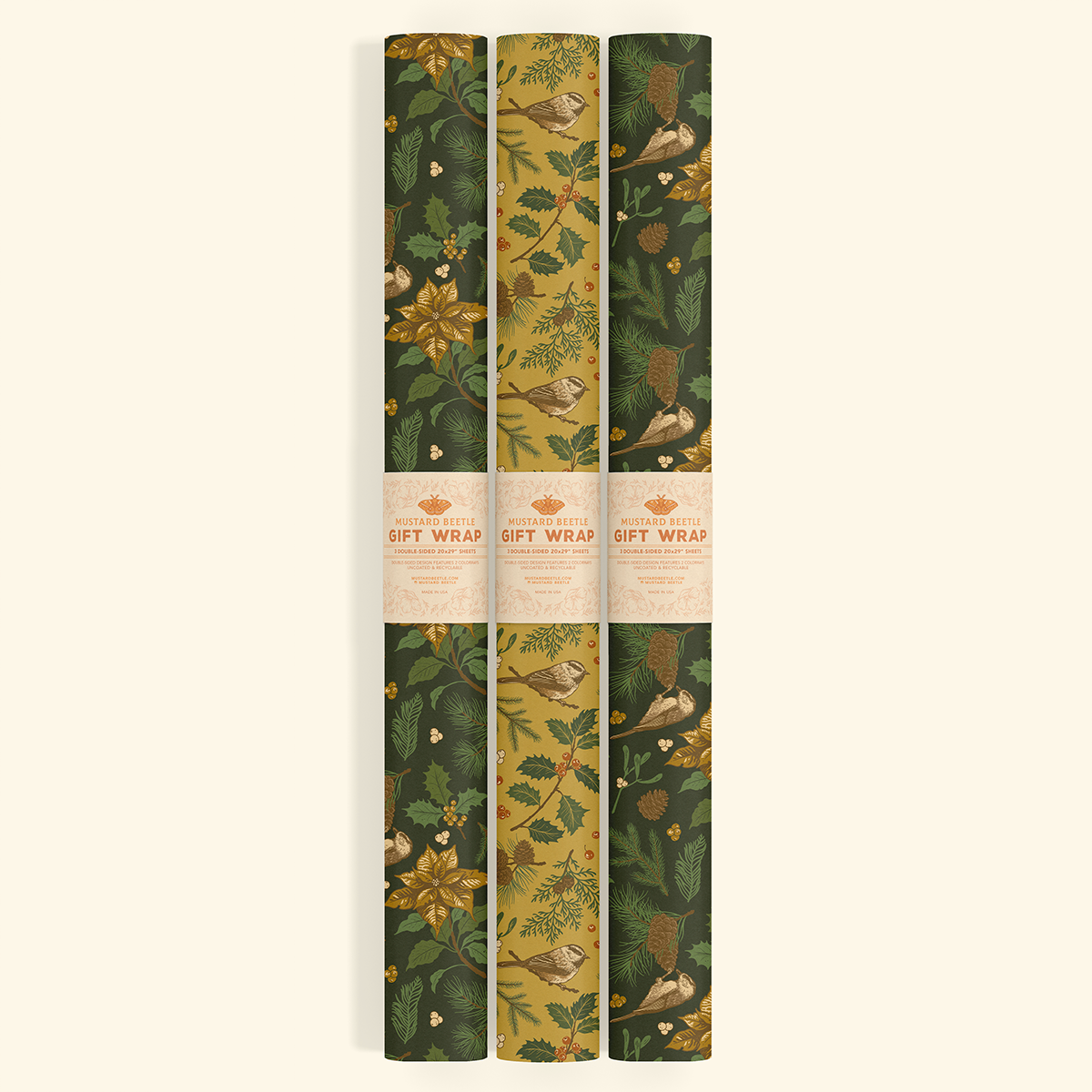 Recyclable Gift Wrap – Yuletide Chickadee Mustard Black Set of 3 Double-Sided Sheets