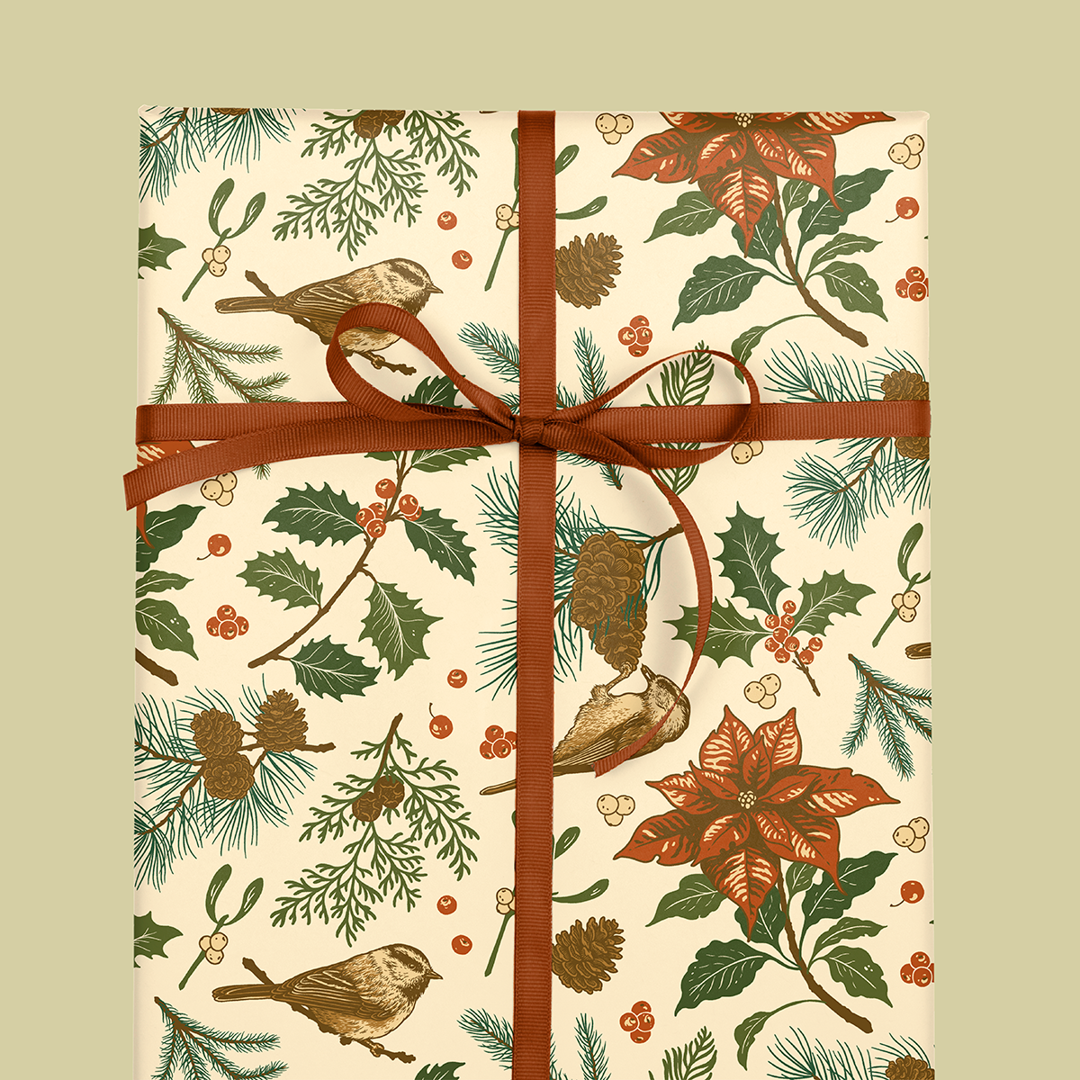 Recyclable Gift Wrap – Yuletide Chickadee White Green Set of 3 Double-Sided Sheets