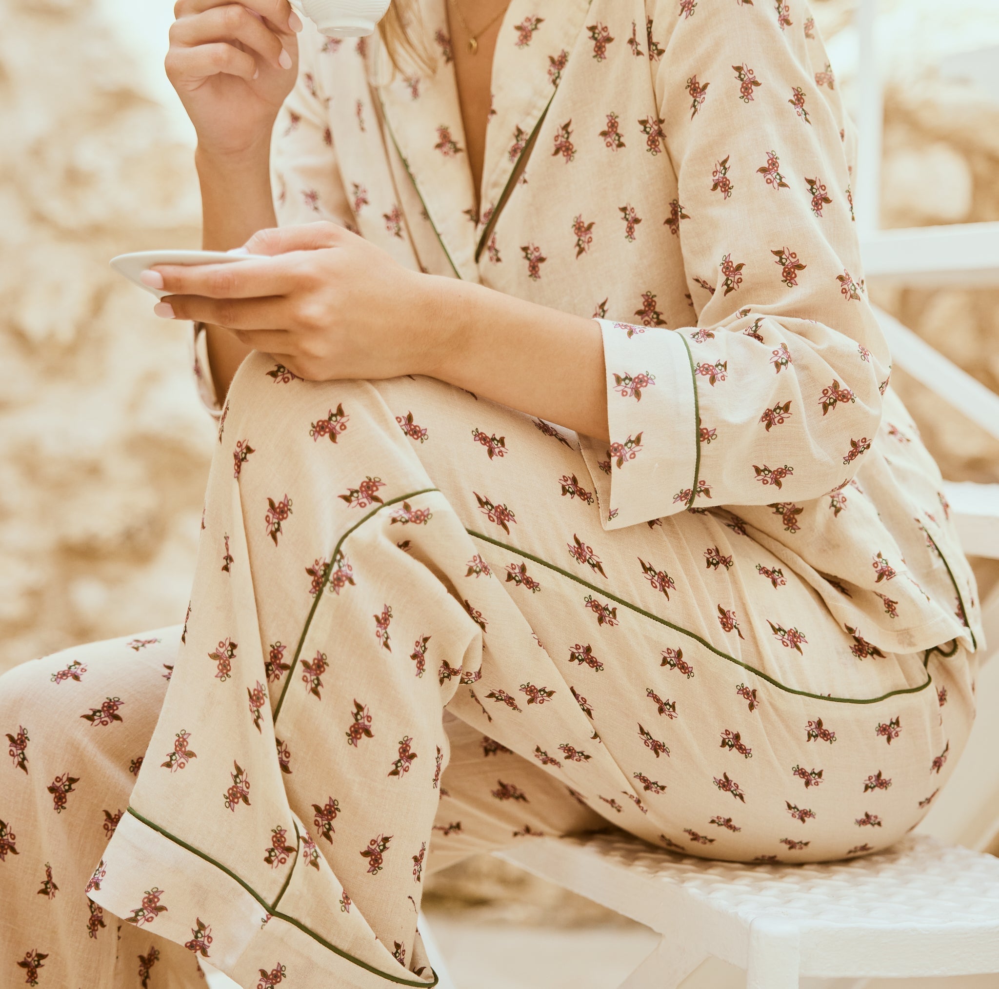 Rosie Pajama Pant - Antique white & Crimson floral