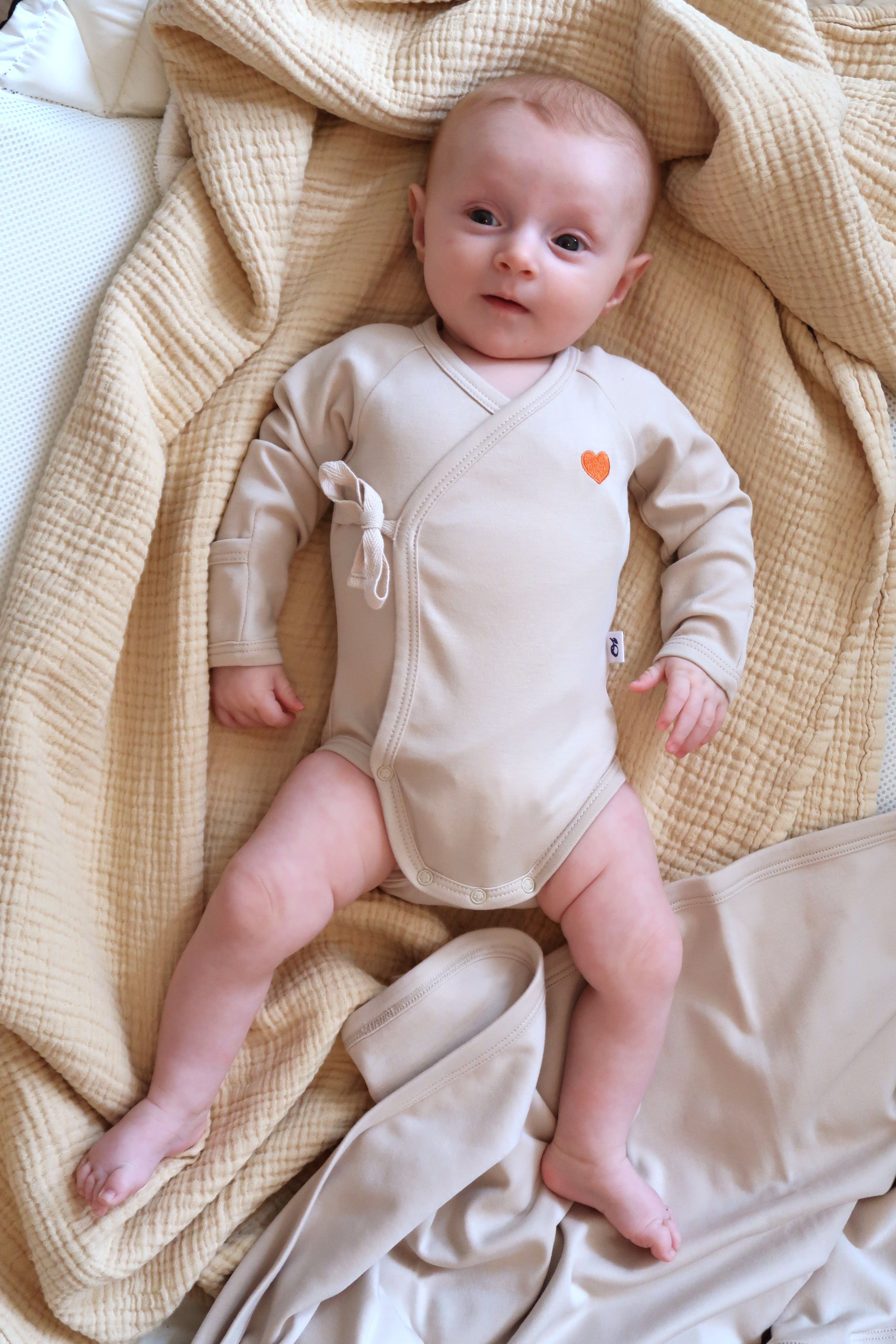 Organic Pima Cotton Baby Kimono Body - Sand With Heart