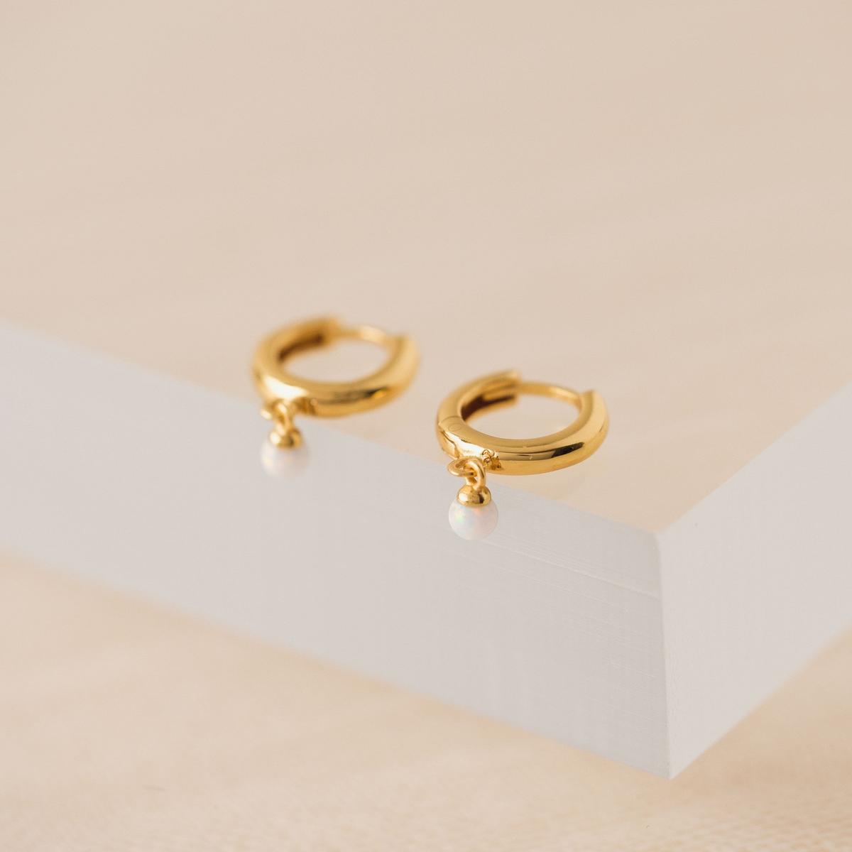Opal 11mm Huggie Drop Hoop Earrings - White Opal