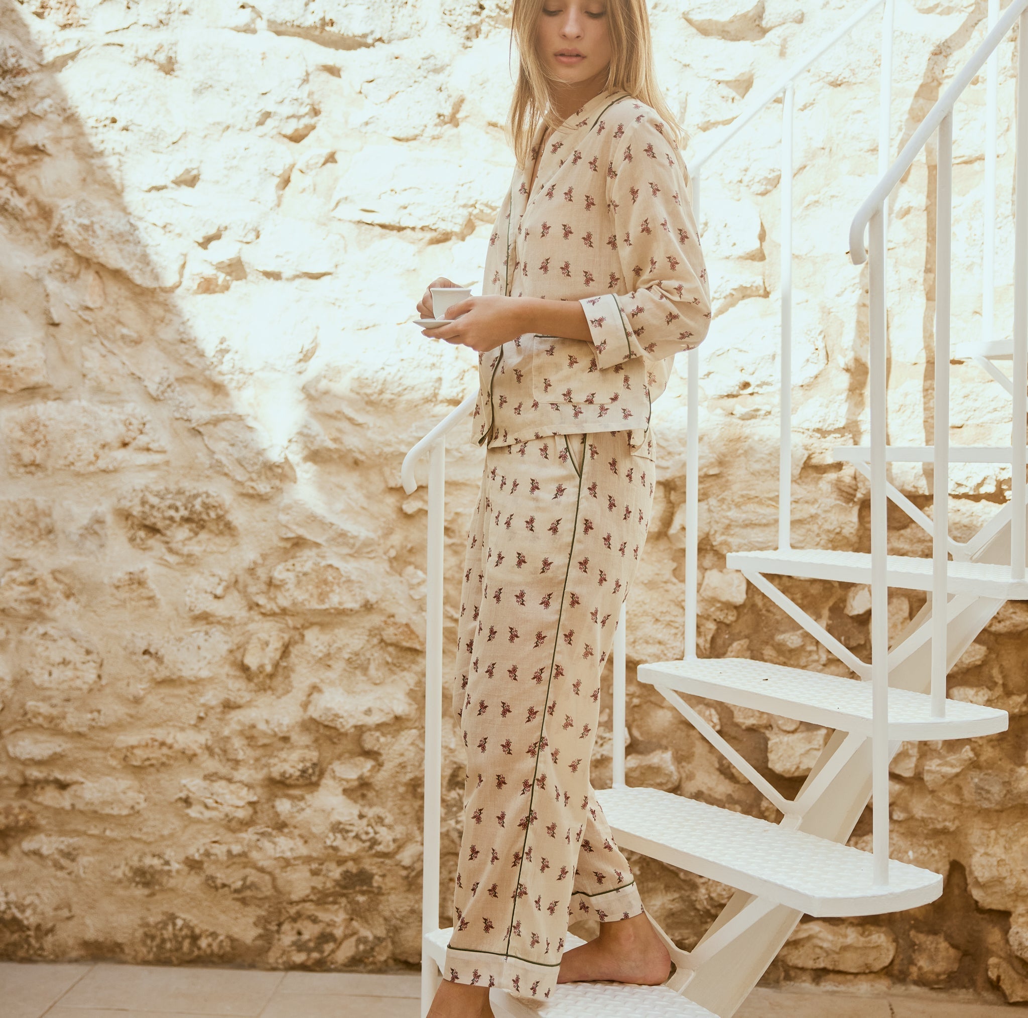 Rosie Pajama Pant - Antique white & Crimson floral