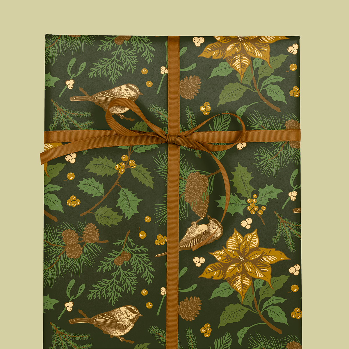 Recyclable Gift Wrap – Yuletide Chickadee Mustard Black Set of 3 Double-Sided Sheets