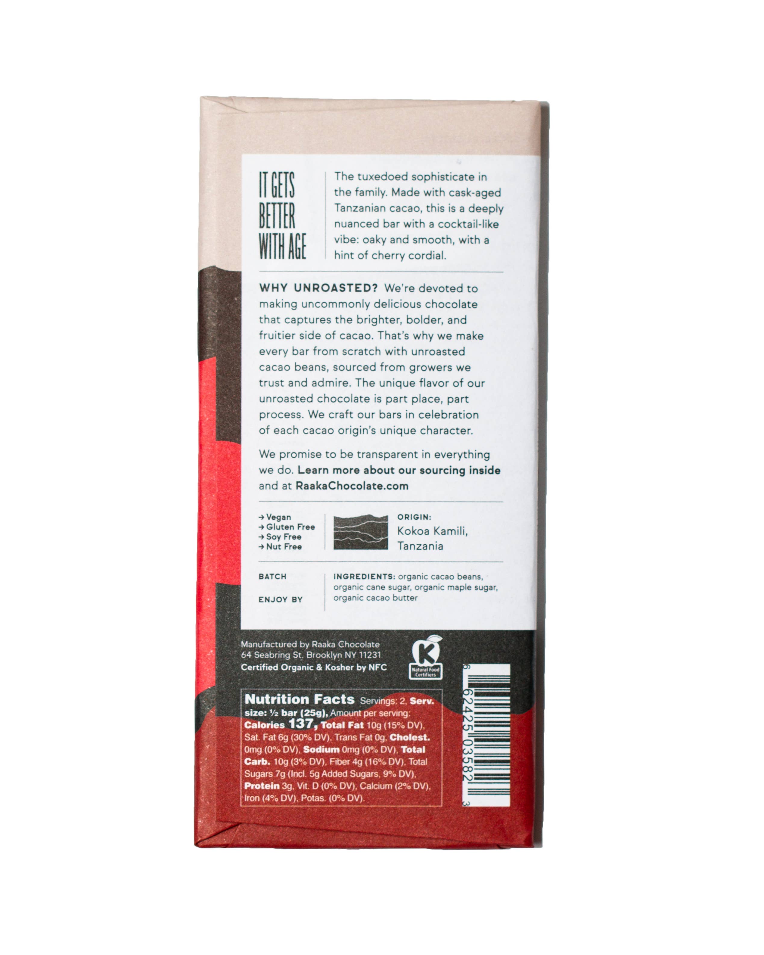 82% Bourbon Cask Aged Chocolate Bar – Organic + Vegan | Raaka Chocolate