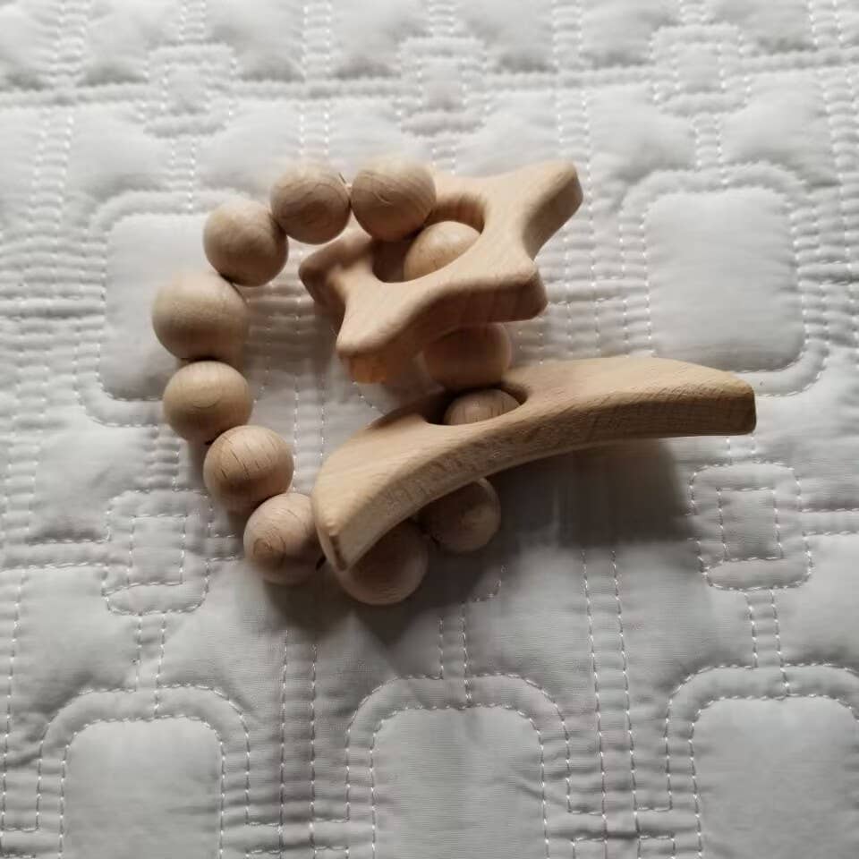Wood Star And Moon Teething Ring Rattle