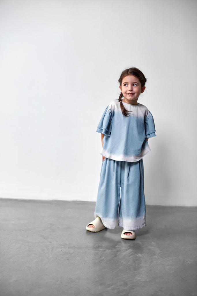 Girls Distressed Chambray Flared Top - Light Blue