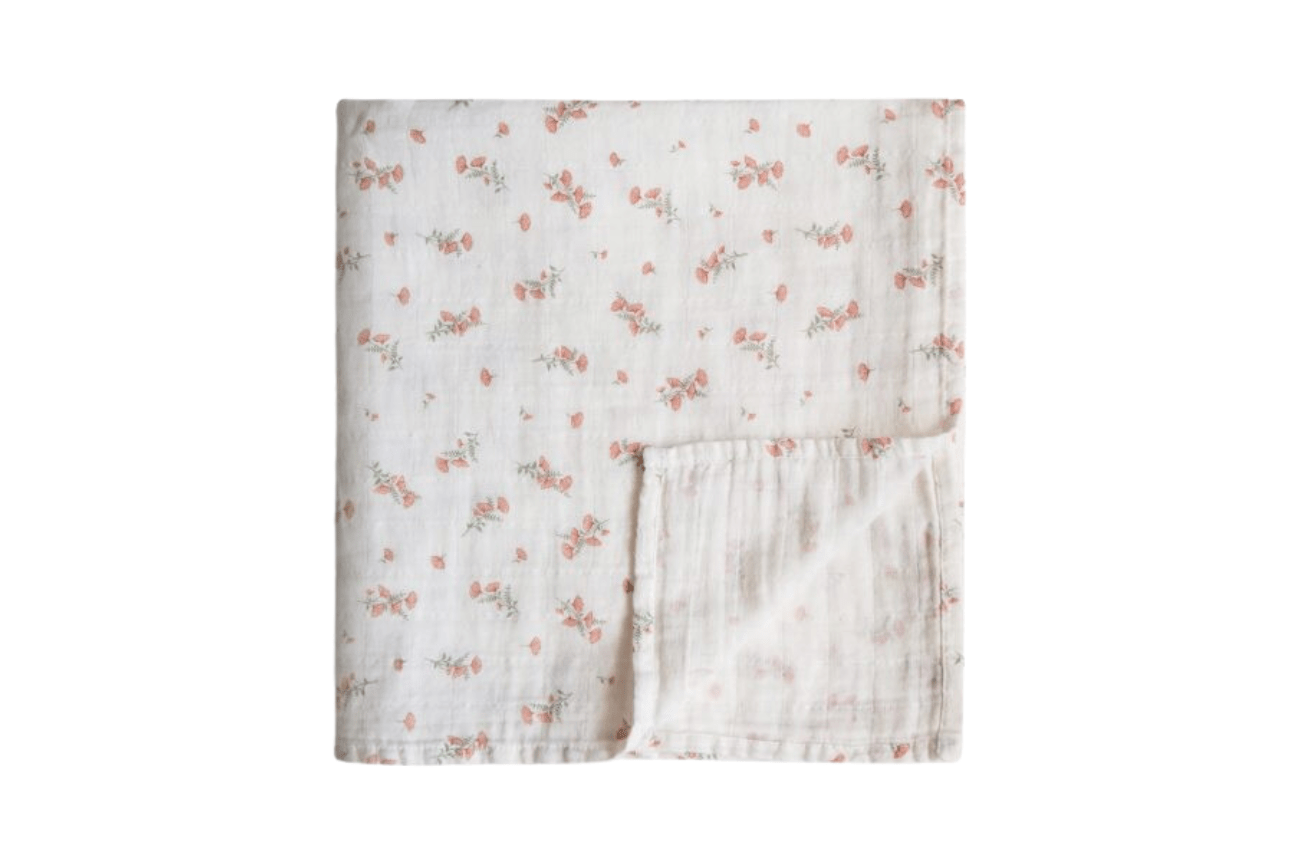 Mushie Pink Flowers Organic Muslin Swaddle Blanket