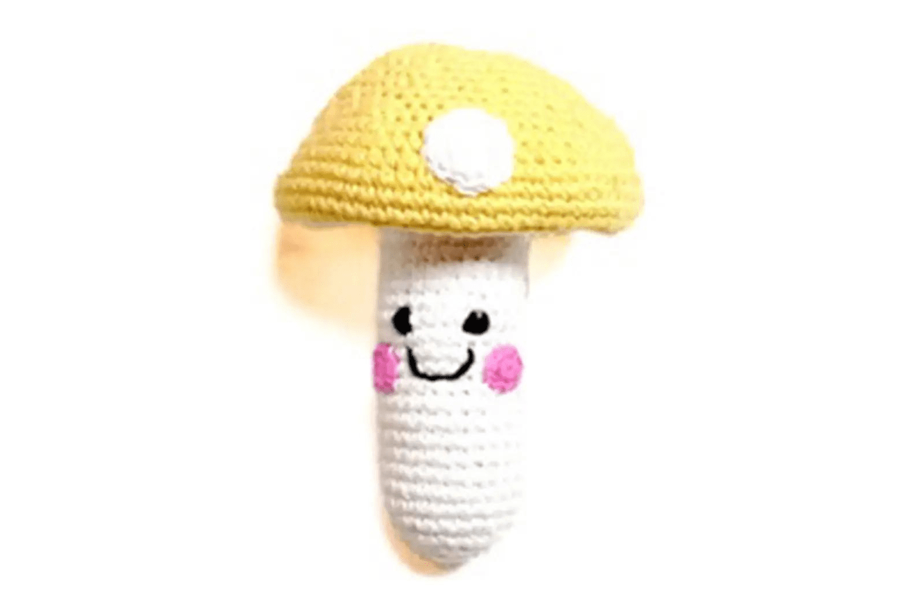 Pebble Friendly Mushroom-Yellow Fair Trade Baby Rattles