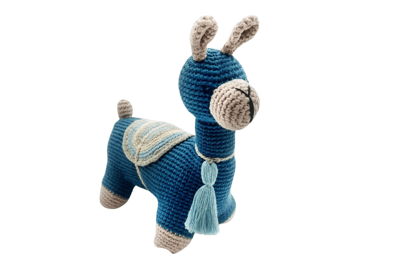 Pebble Plush Llama- Blue Fair Trade Baby Rattles